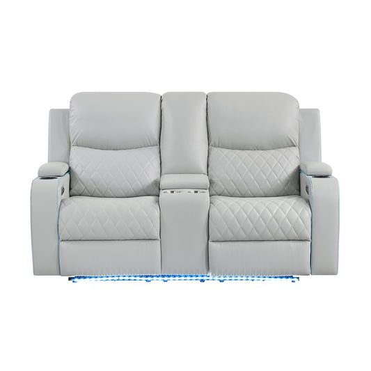 Elonzo Synthetic Leather Upholstered Power Motion Loveseat with Storage Console, Cup Holder, LED Lighting, USB Port, Power Headrest and Speaker