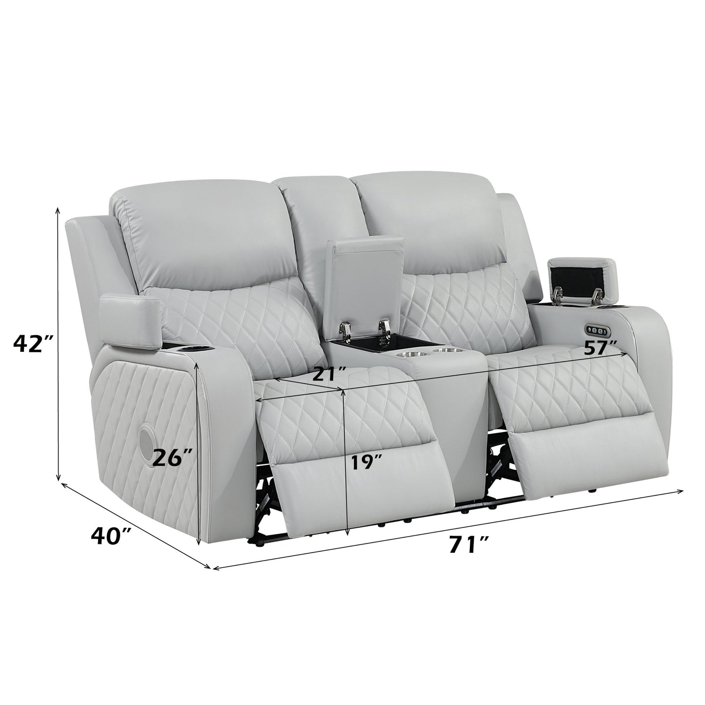 Elonzo Synthetic Leather Upholstered Power Motion Loveseat with Storage Console, Cup Holder, LED Lighting, USB Port, Power Headrest and Speaker