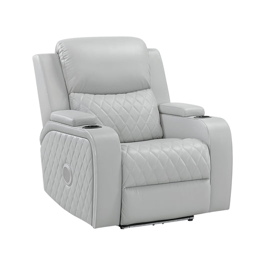 Elonzo Synthetic Leather Upholstered Power Motion Recliner with Storage Armrest, Cup Holder, LED Lighting, USB Port, Power Headrest and Speaker