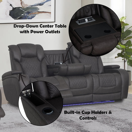 Wendell Microfiber Upholstered Motion Sofa with Drop Down Table, Power Headrest, Cup Holder, Storage, USB and LED Lighting