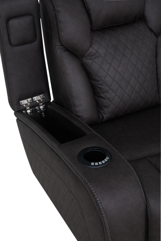 Wendell Microfiber Upholstered Motion Recliner with Storage Armrests, Power Headrest, Cup Holder, USB and LED Lighting