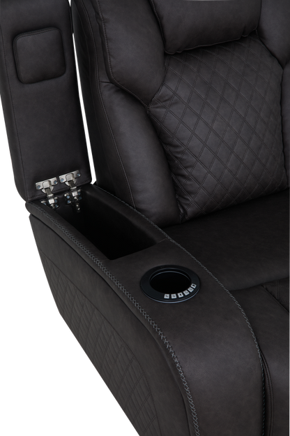 Wendell Microfiber Upholstered Motion Recliner with Storage Armrests, Power Headrest, Cup Holder, USB and LED Lighting