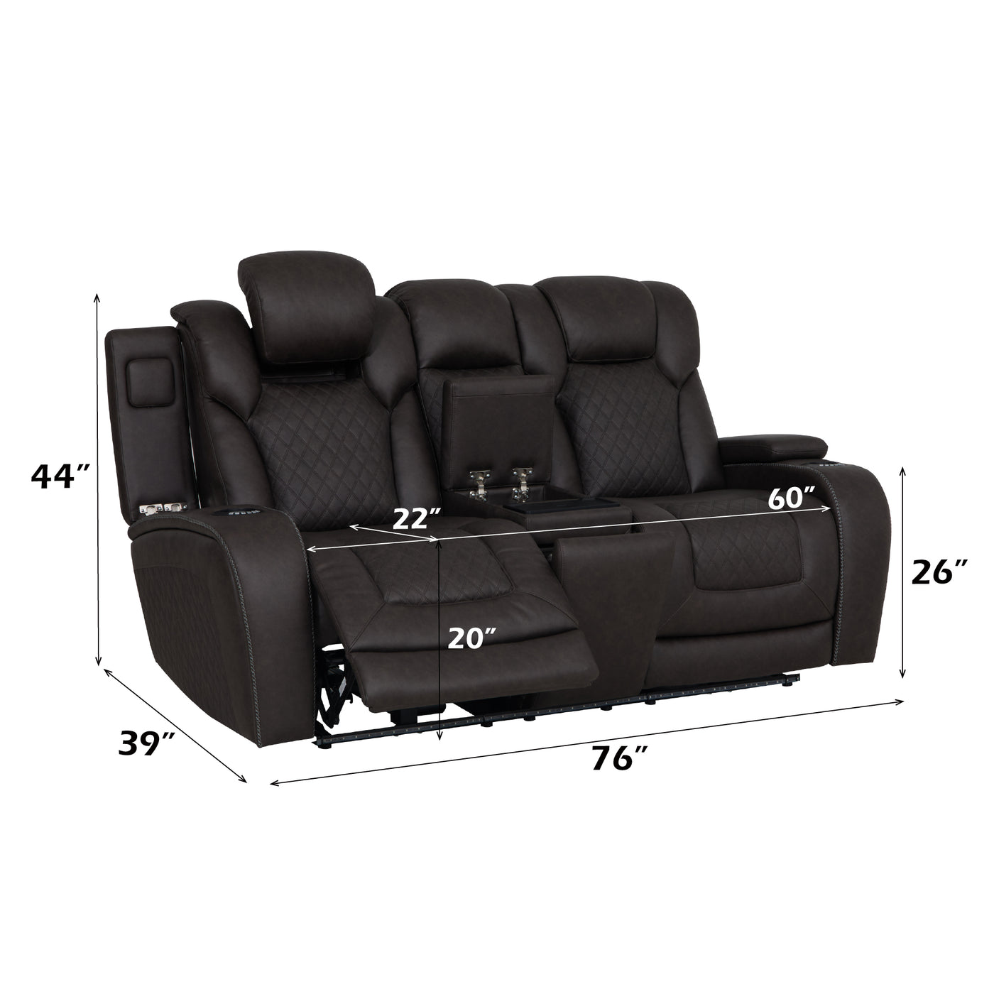 Wendell Microfiber Upholstered Motion Loveseat with Console, Power Headrest, Wireless Charger, Cup Holder, Storage, USB and LED Lighting