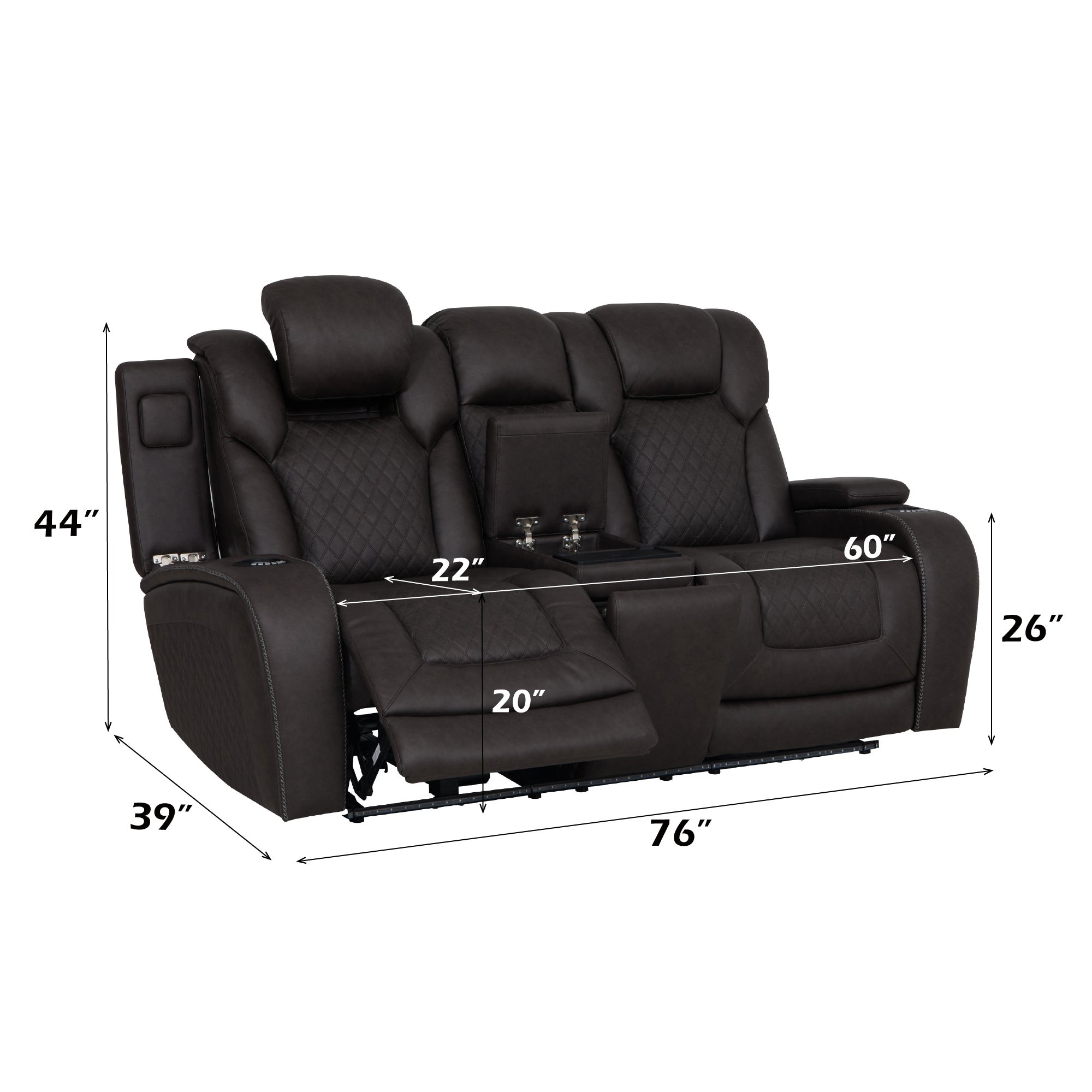 Wendell Microfiber Upholstered Motion Loveseat with Console, Power Headrest, Wireless Charger, Cup Holder, Storage, USB and LED Lighting