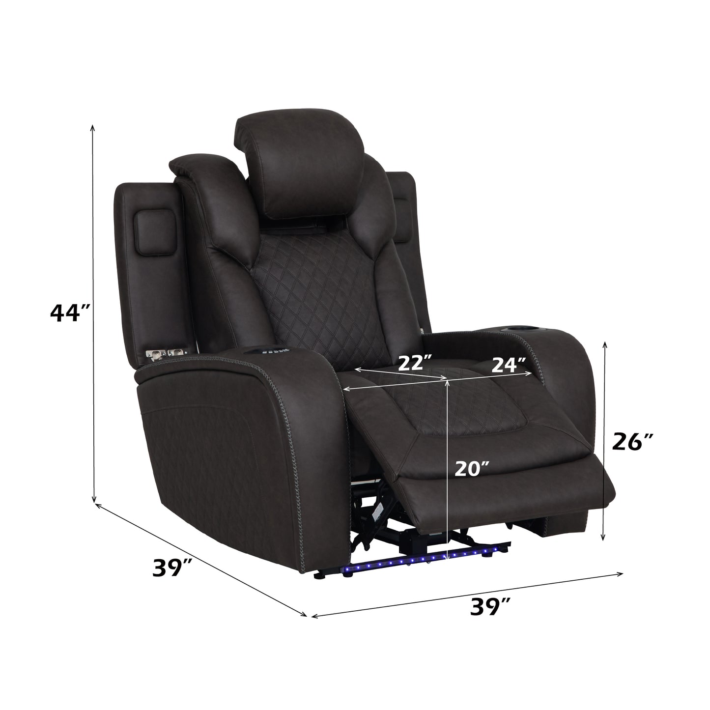 Wendell Microfiber Upholstered Motion Recliner with Storage Armrests, Power Headrest, Cup Holder, USB and LED Lighting
