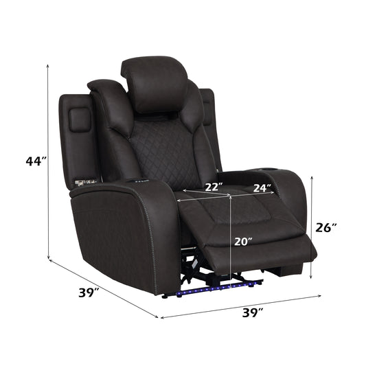 Wendell Microfiber Upholstered Motion Recliner with Storage Armrests, Power Headrest, Cup Holder, USB and LED Lighting