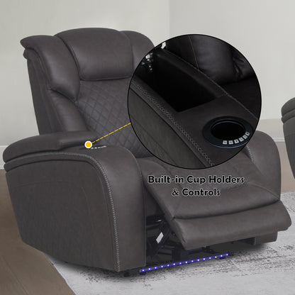 Wendell Microfiber Upholstered Motion Recliner with Storage Armrests, Power Headrest, Cup Holder, USB and LED Lighting