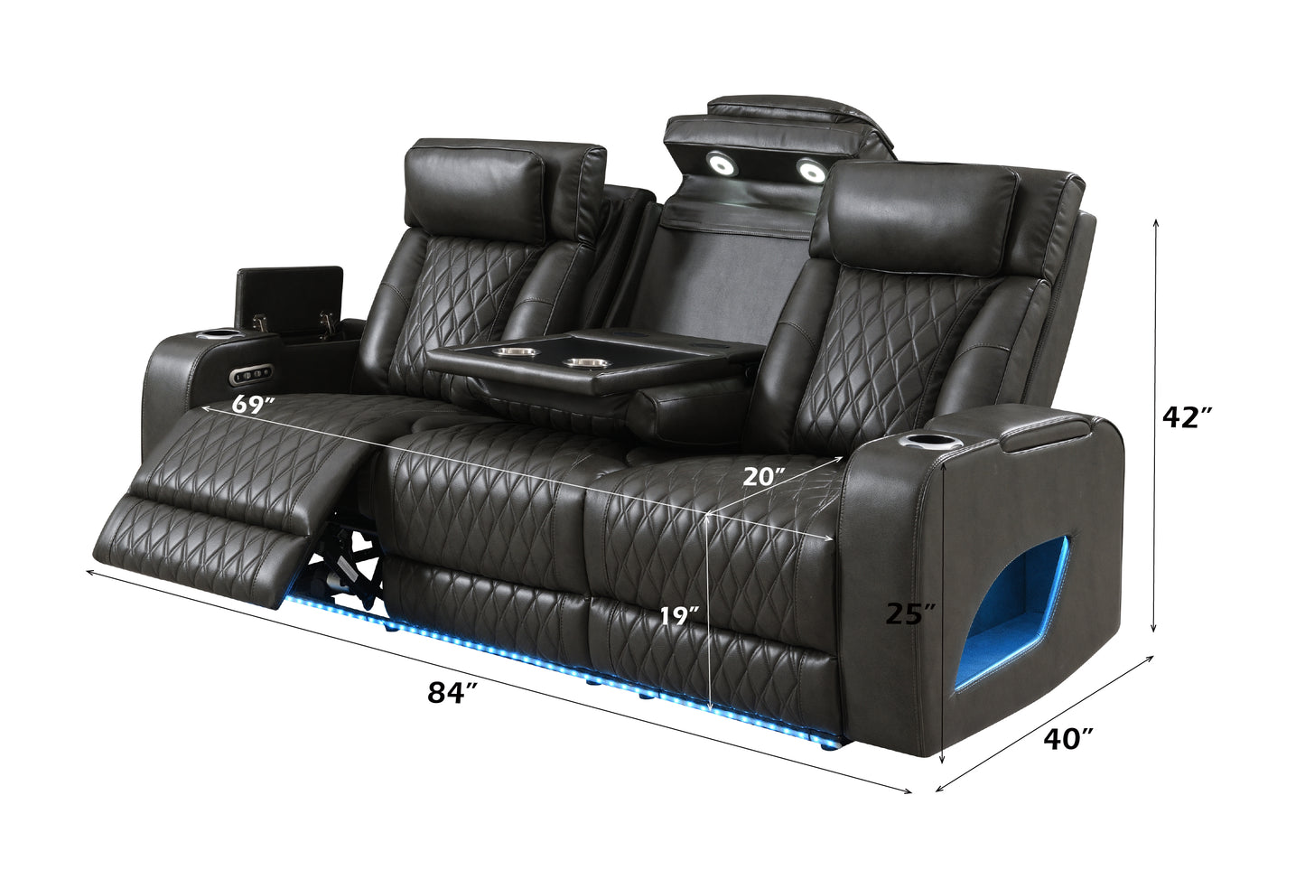 Taddeo Synthetic Leather Upholstered Power Motion Sofa with Storage Armrests, Cup Holders, Power Headrest, USB, Wireless Chaeger, LED and Reading Light