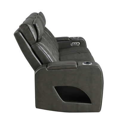 Taddeo Synthetic Leather Upholstered Power Motion Sofa with Storage Armrests, Cup Holders, Power Headrest, USB, Wireless Chaeger, LED and Reading Light