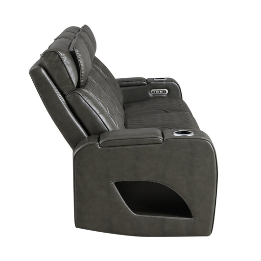 Taddeo Synthetic Leather Upholstered Power Motion Sofa with Storage Armrests, Cup Holders, Power Headrest, USB, Wireless Chaeger, LED and Reading Light