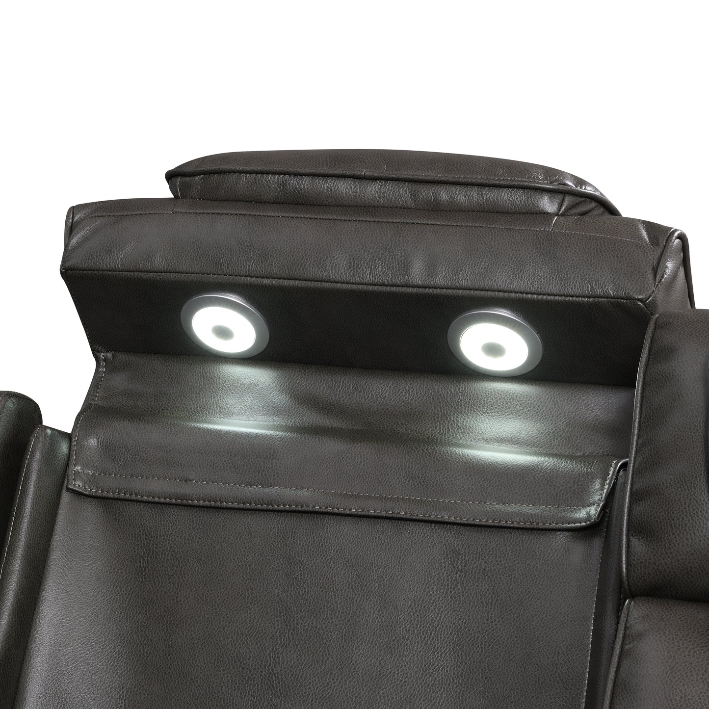 Taddeo Synthetic Leather Upholstered Power Motion Sofa with Storage Armrests, Cup Holders, Power Headrest, USB, Wireless Chaeger, LED and Reading Light