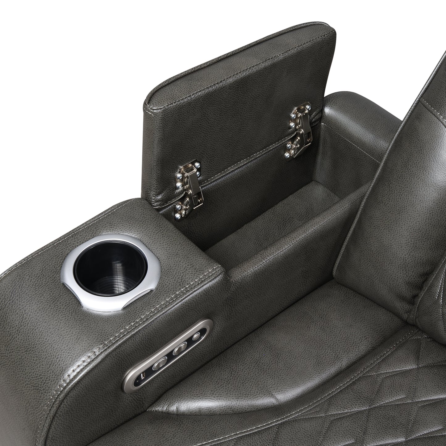 Taddeo Synthetic Leather Upholstered Power Motion Sofa with Storage Armrests, Cup Holders, Power Headrest, USB, Wireless Chaeger, LED and Reading Light