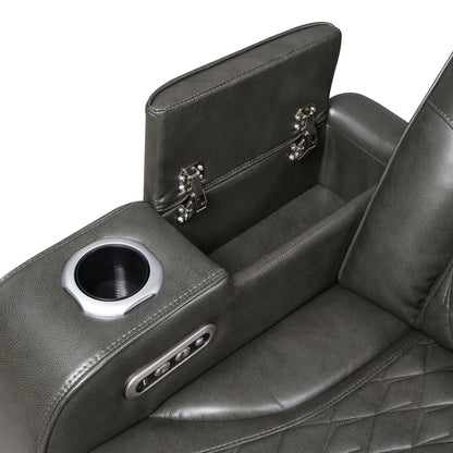 Taddeo Synthetic Leather Upholstered Power Motion Sofa with Storage Armrests, Cup Holders, Power Headrest, USB, Wireless Chaeger, LED and Reading Light