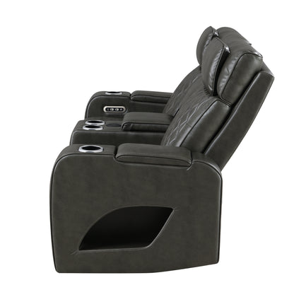 Taddeo Synthetic Leather Upholstered Power Motion Loveseat with Storage Armrests, Cup Holders, Console, Speaker, USB, Wireless Charger and LED Lighting