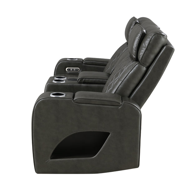 Taddeo Synthetic Leather Upholstered Power Motion Loveseat with Storage Armrests, Cup Holders, Console, Speaker, USB, Wireless Charger and LED Lighting