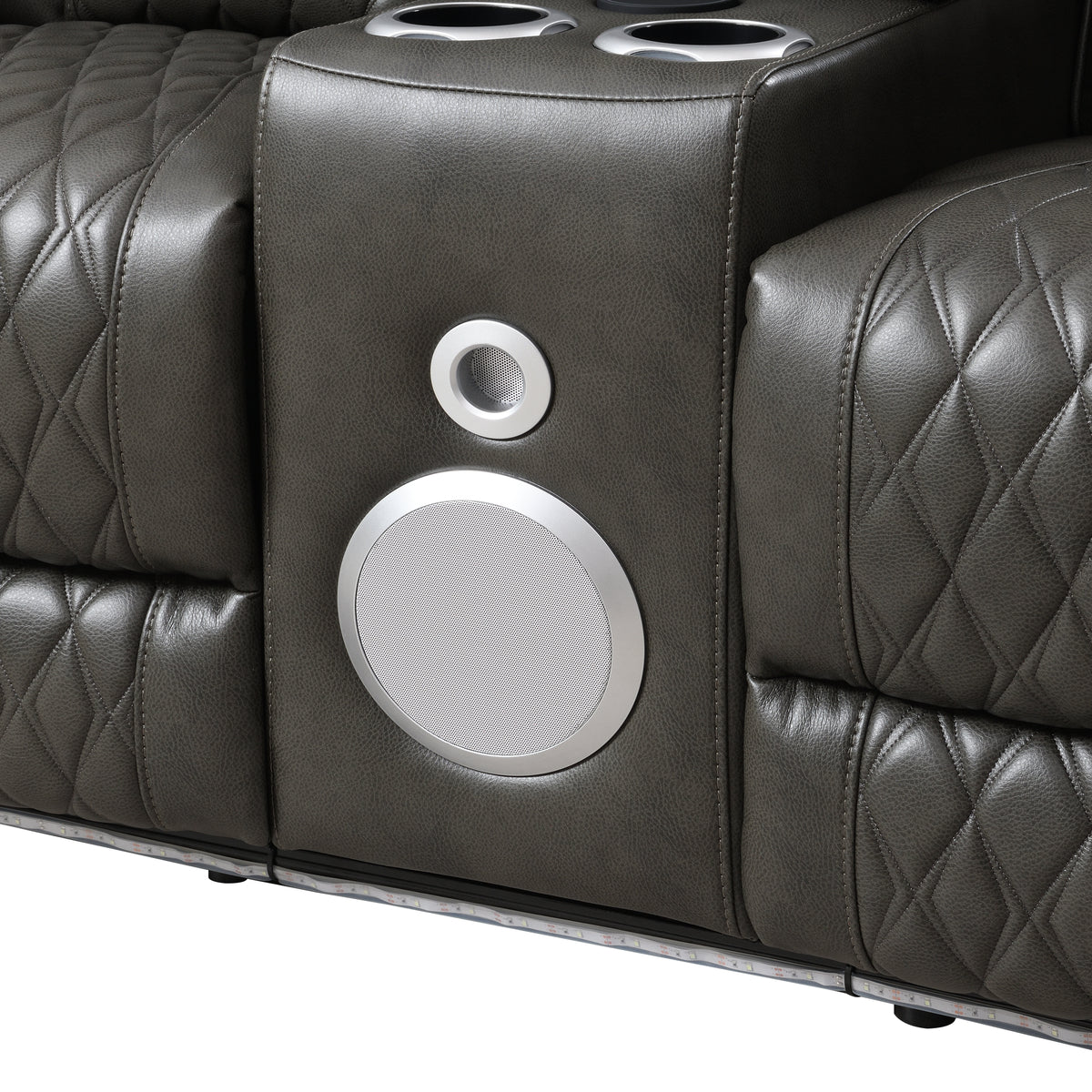 Taddeo Synthetic Leather Upholstered Power Motion Loveseat with Storage Armrests, Cup Holders, Console, Speaker, USB, Wireless Charger and LED Lighting