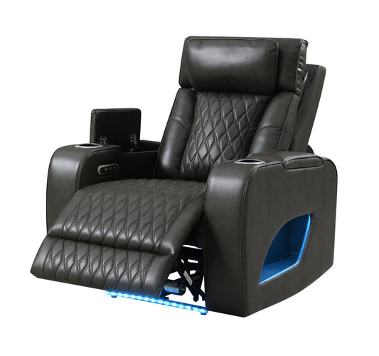 Taddeo Synthetic Leather Upholstered Power Motion Recliner with Cup Holders, Storage Armrests, Power Headrest, USB and LED Lighting