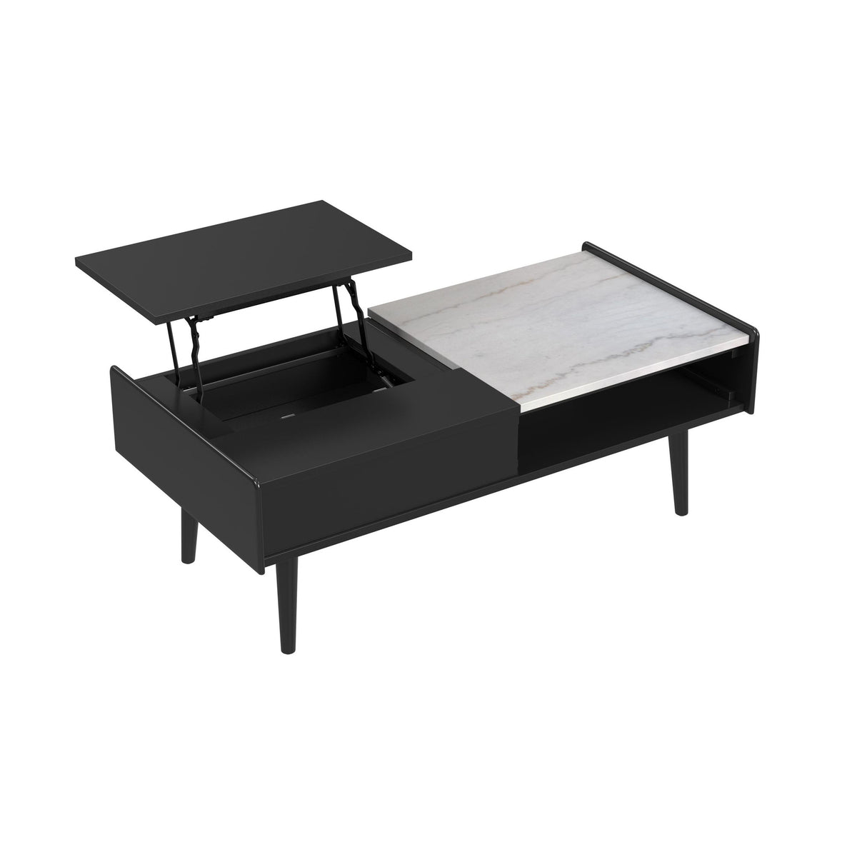 Lanette Coffee Table with White Marble and Lift-Top in Black