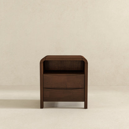 Mesita de noche Lionel de madera maciza de mediados de siglo con dos cajones