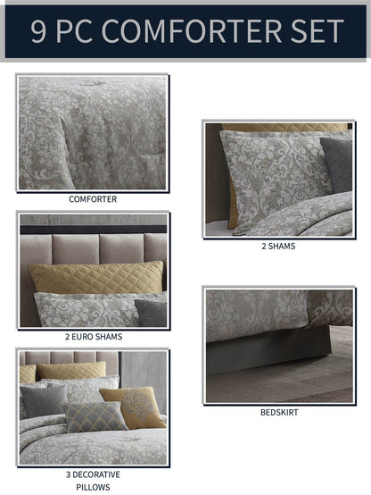Vintage Medallion 9-Piece Queen Comforter Set in Lisbon Gray