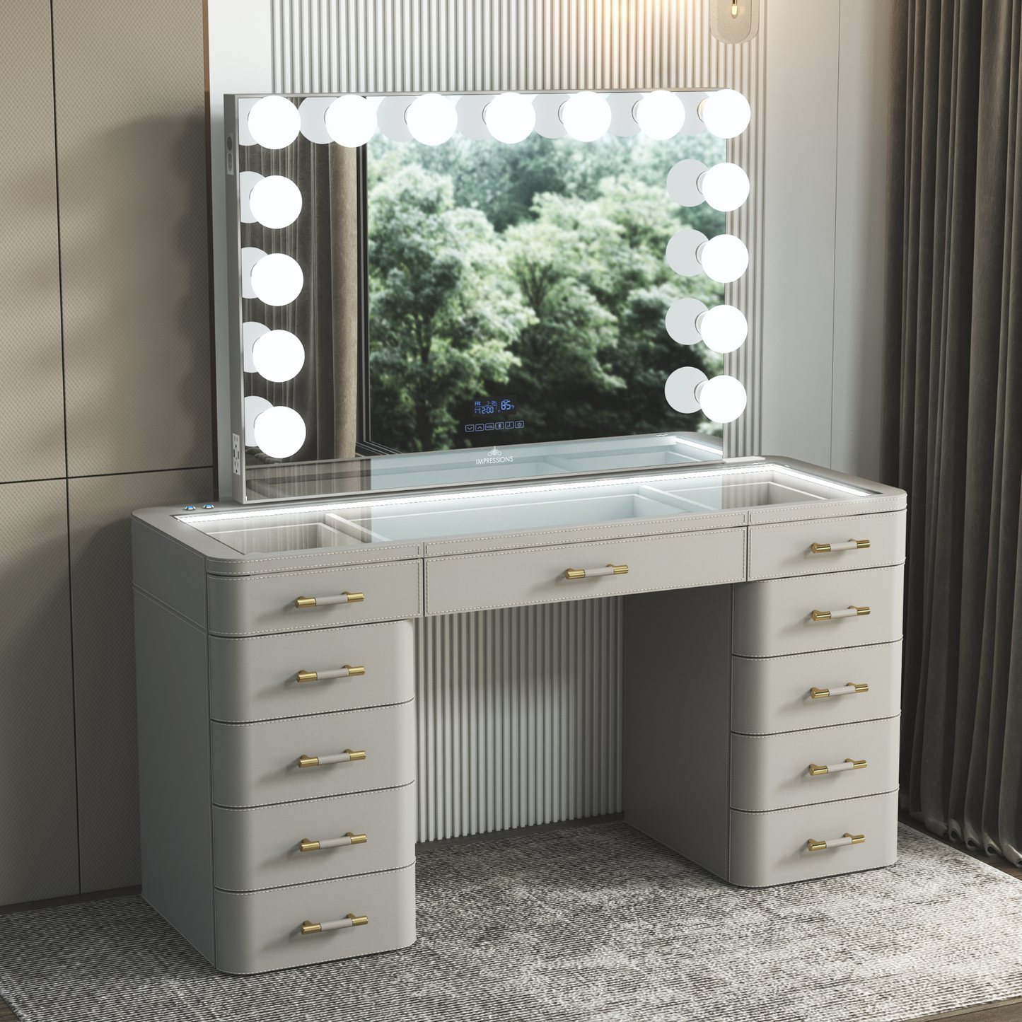 SlayStation® Maison Faux Leather Premium Vanity Table w/ RGB Light + Vanity Mirror Bundle