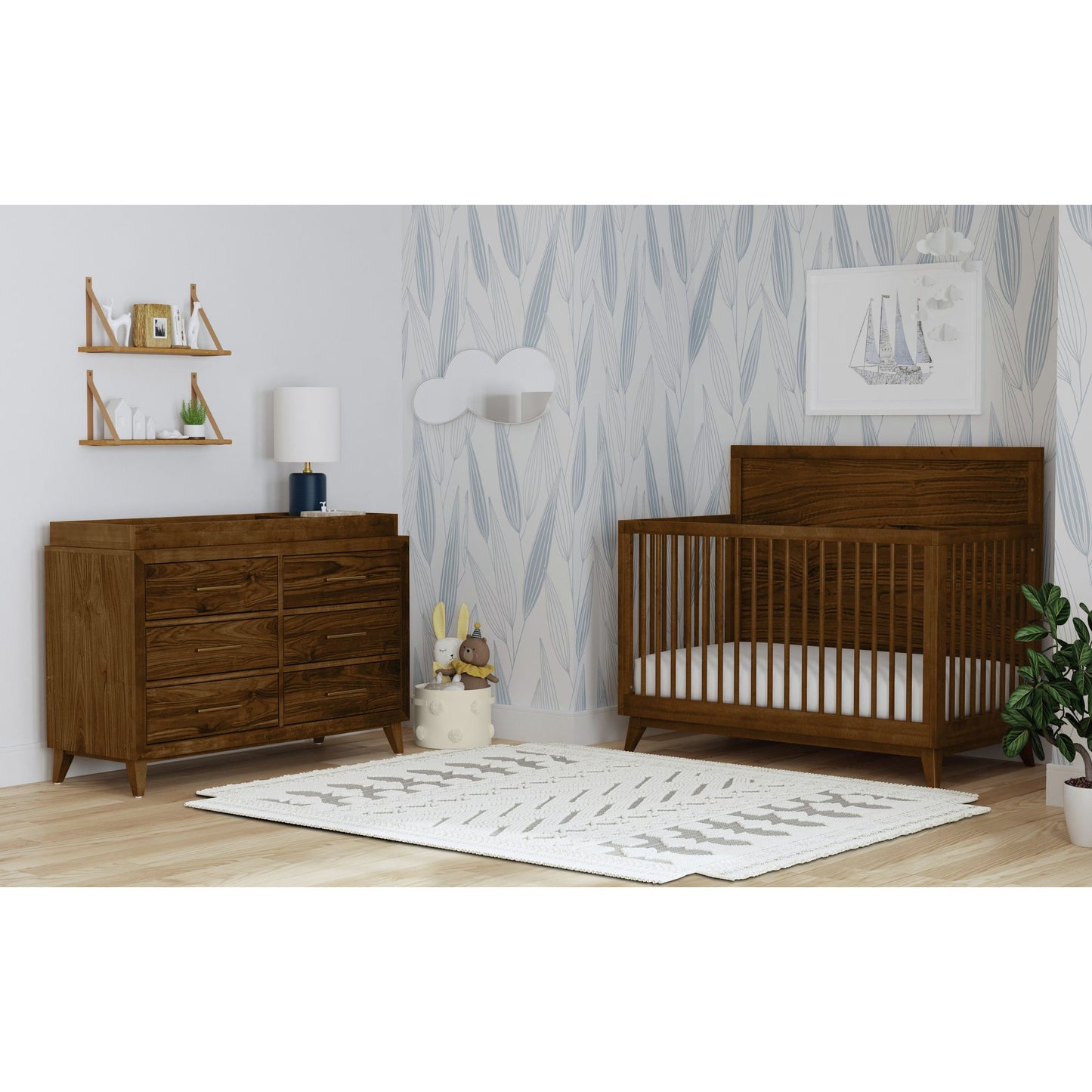 Malia Crib with High Headboard and Guardrail in Walnut