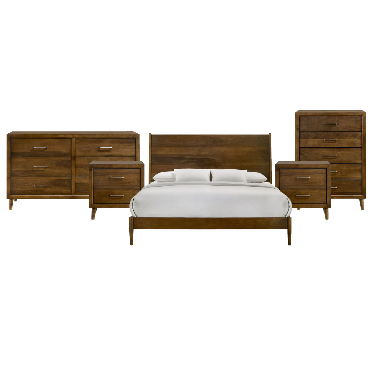 Malibu King 5PC Bedroom Set with 2 Nightstands, Dresser & Chest in Walnut