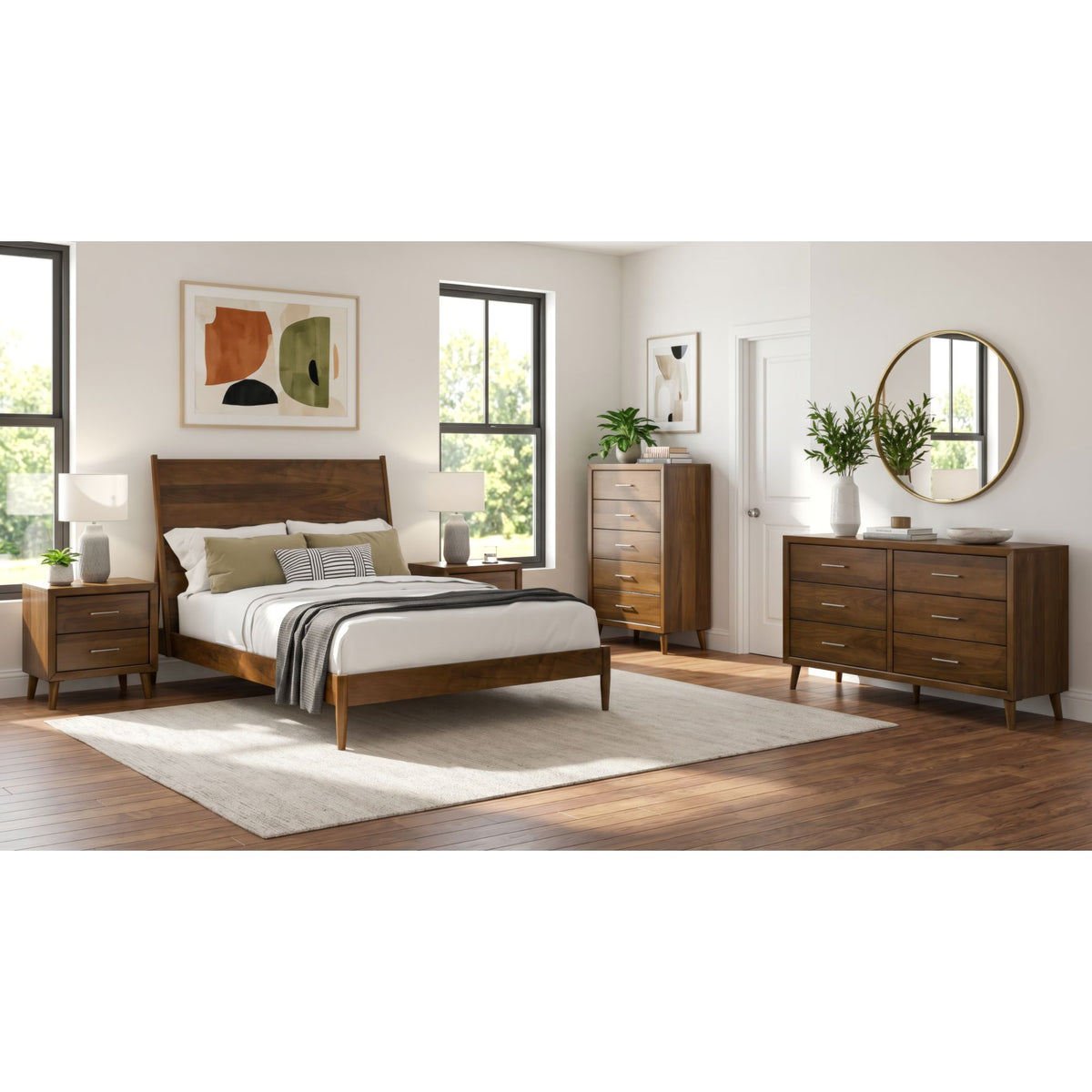 Malibu King 5PC Bedroom Set with 2 Nightstands, Dresser & Chest in Walnut