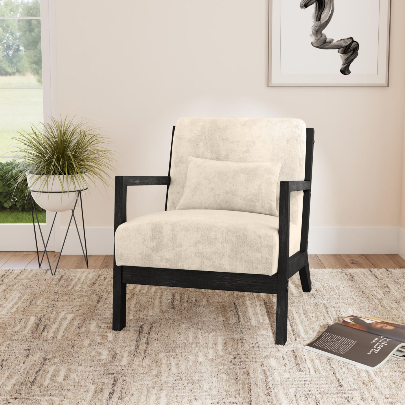 Marina Chair with kidney pillow in Langley Cream and Brushed Espresso Finish