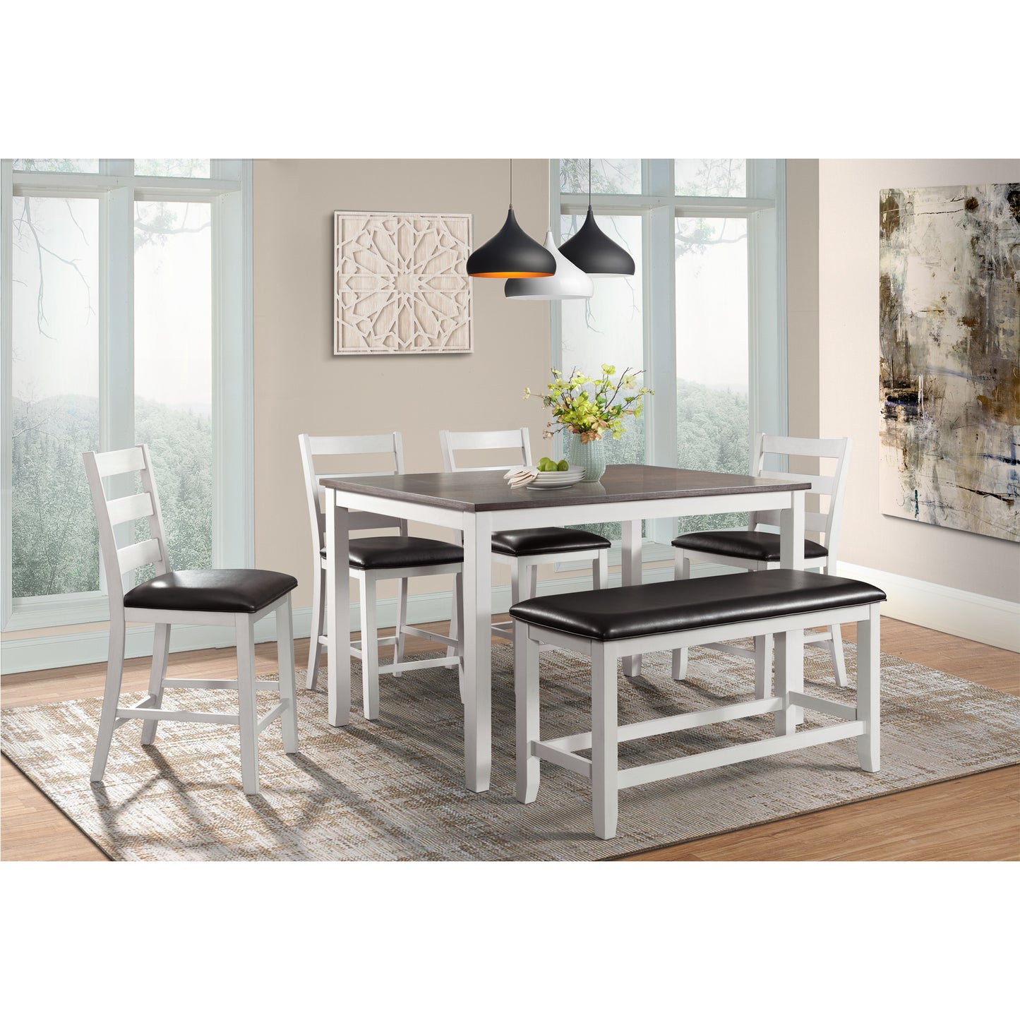 Martin 6 pc Counter Set (Table + 4 + Bench) (Dark Brown Top - White Base)