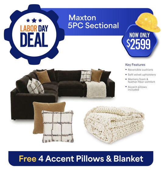 Maxton Heights 5PC Sectional with Throw & Four Accent Pillows Bundle
