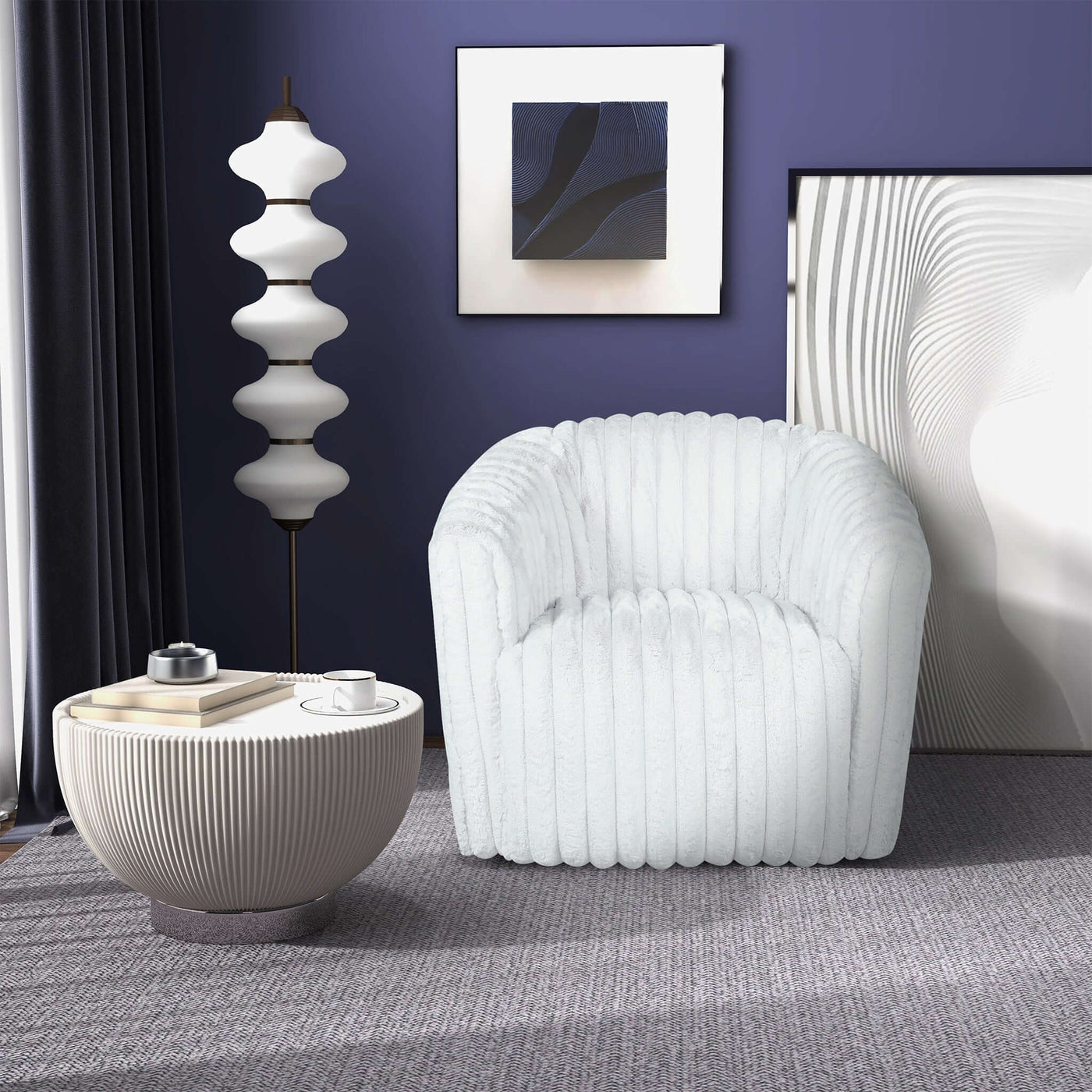 Silla giratoria Mira de tela de felpa suave blanca