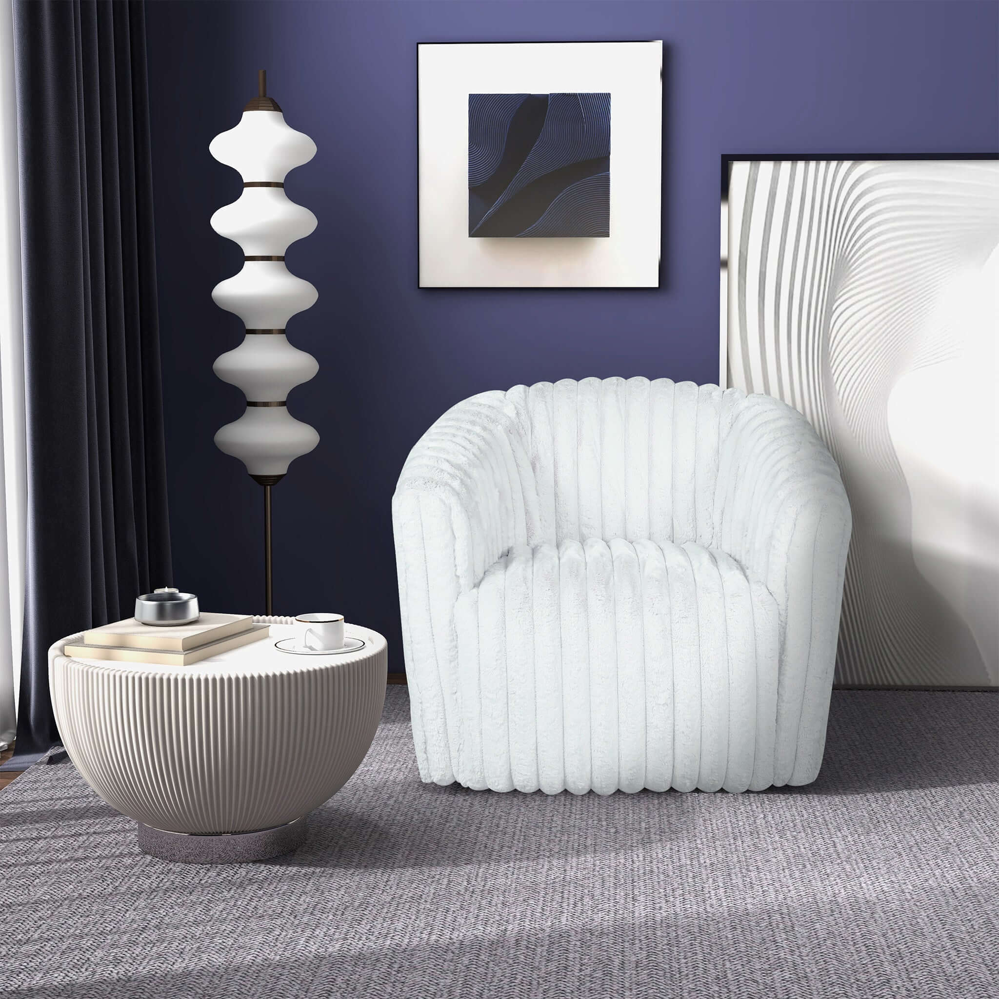 Silla giratoria Mira de tela de felpa suave blanca