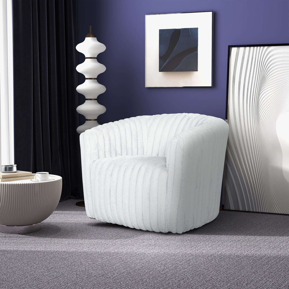 Silla giratoria Mira de tela de felpa suave blanca