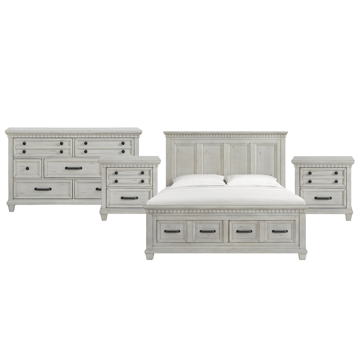McCoy King Storage 4PC Bedroom Set with 2 Nightstands & Dresser in Antique White