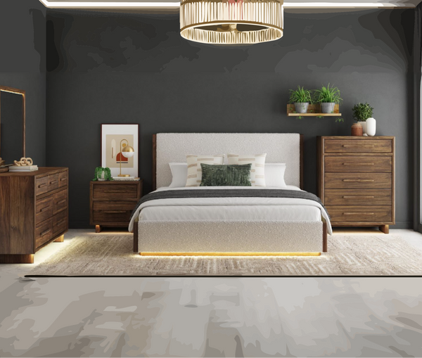 Modern Oak Boucle Bedroom Set with Mood lighting