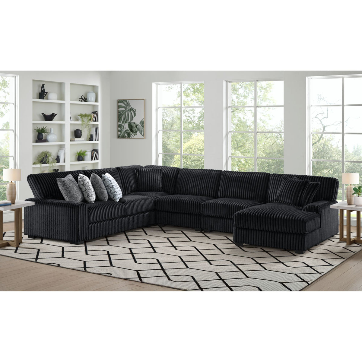 Nightfall 5PC Sectional Set with RHF Chaise 2 Self Pillows in Grand Cord Black