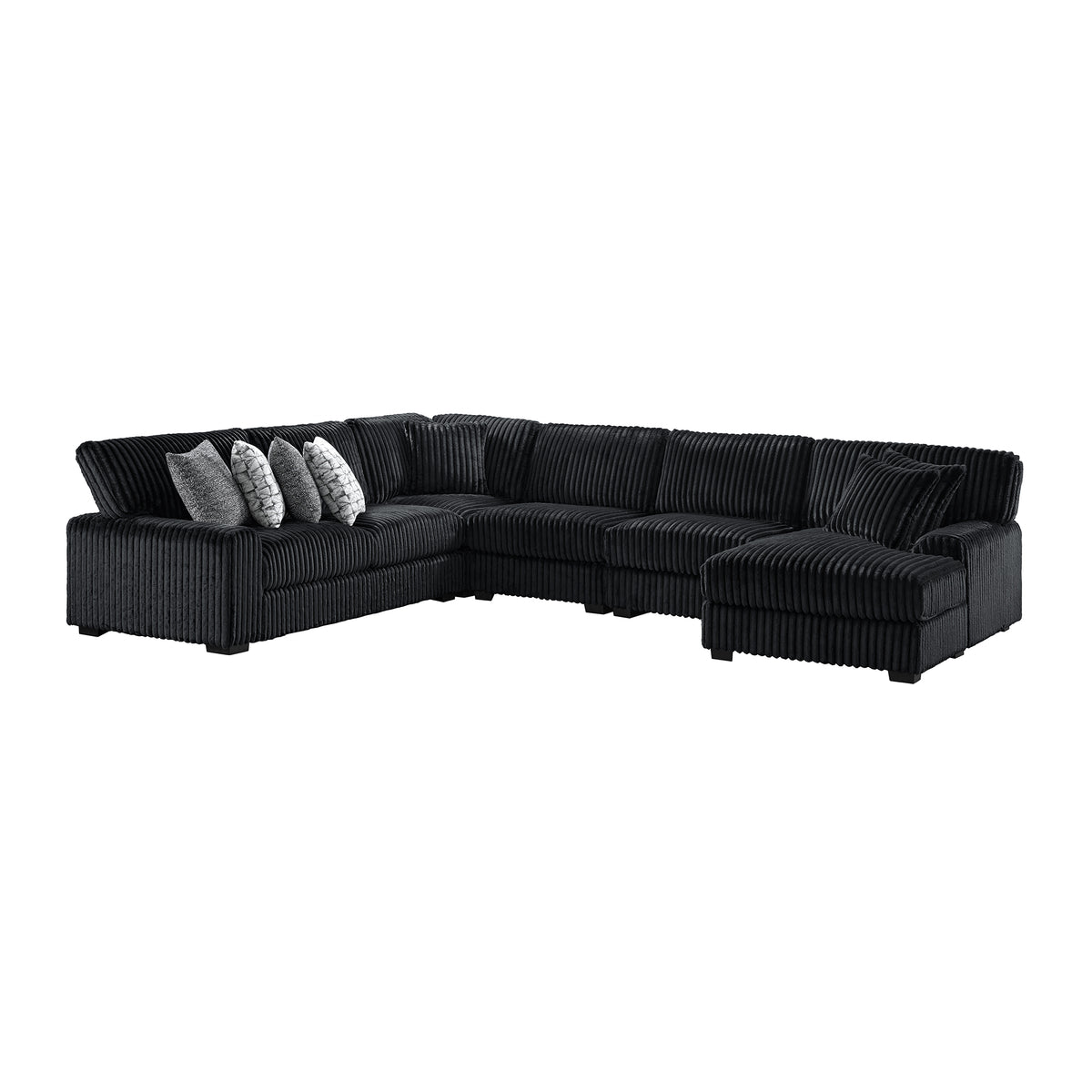 Nightfall 5PC Sectional Set with RHF Chaise 2 Self Pillows in Grand Cord Black