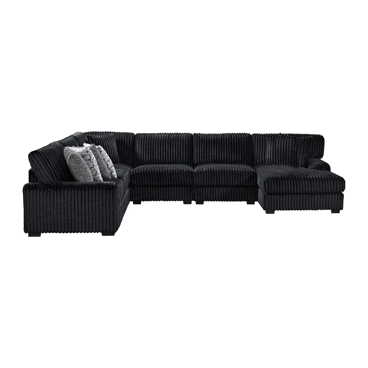 Nightfall 5PC Sectional Set with RHF Chaise 2 Self Pillows in Grand Cord Black