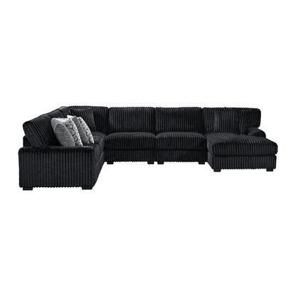 Nightfall 5PC Sectional Set with RHF Chaise 2 Self Pillows in Grand Cord Black