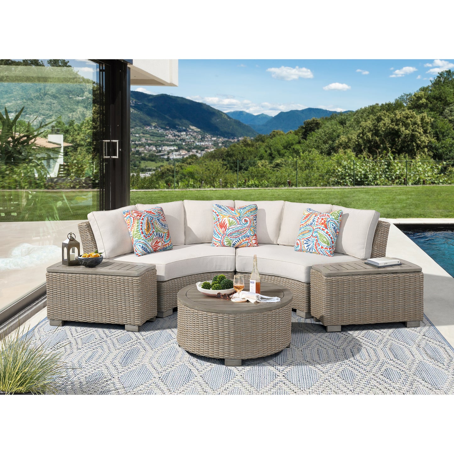 Ollie 4PC Patio Conversation Set in Tan and Olefin White Cream-Curved Loveseat, Two Console & Round Coffee Table