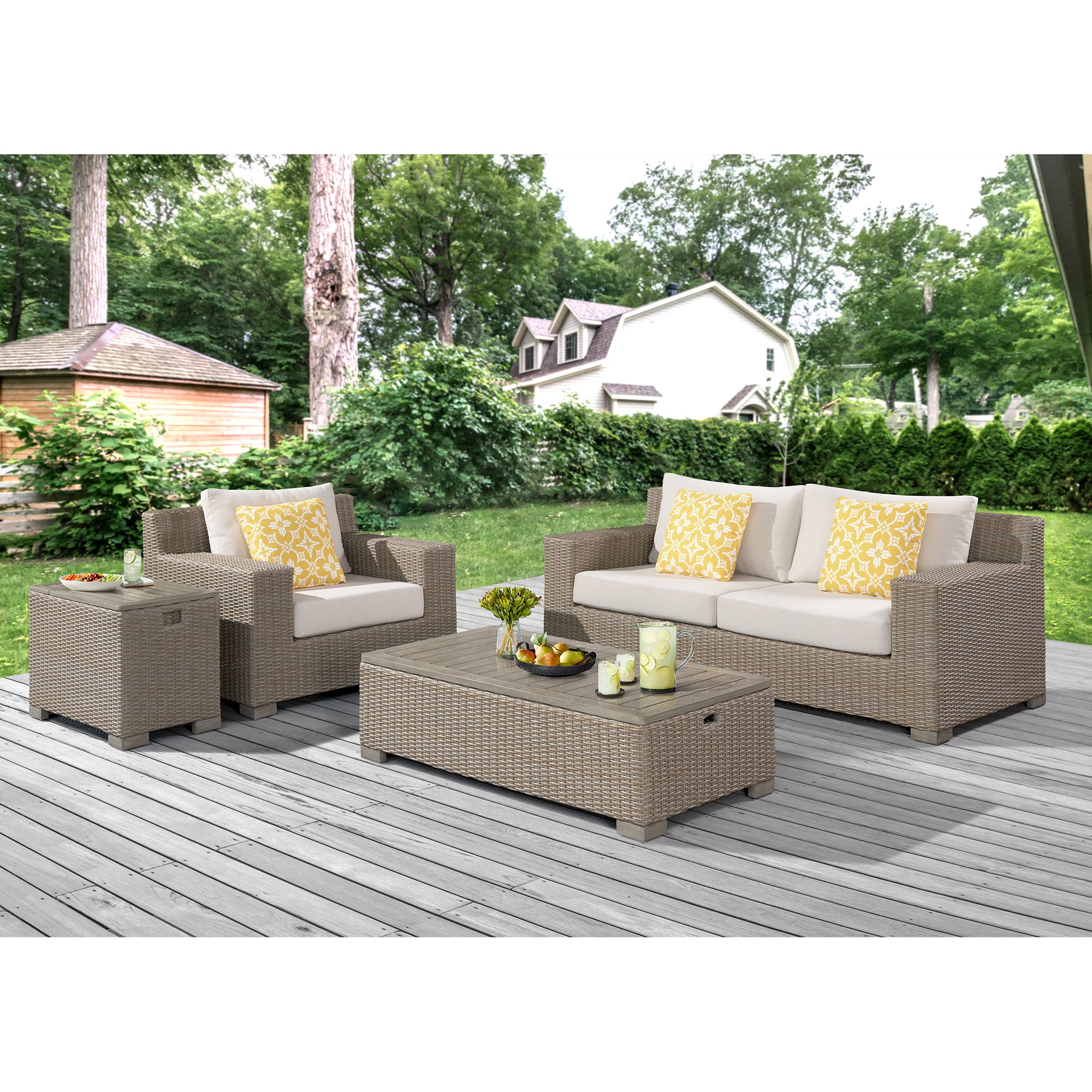 Ollie 4PC Patio Conversation Set in Tan and Olefin White Cream-Sofa, Chair, Rectangular Coffee Table & Cooler Box