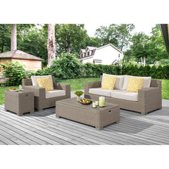 Ollie 4PC Patio Conversation Set in Tan and Olefin White Cream-Sofa, Chair, Rectangular Coffee Table & Cooler Box