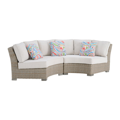 Ollie 4PC Patio Conversation Set in Tan and Olefin White Cream-Curved Loveseat, Two Console & Round Coffee Table