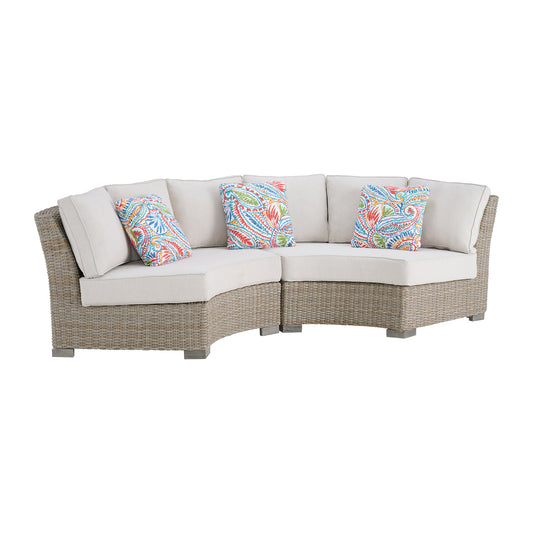 Ollie 4PC Patio Conversation Set in Tan and Olefin White Cream-Curved Loveseat, Two Console & Round Coffee Table