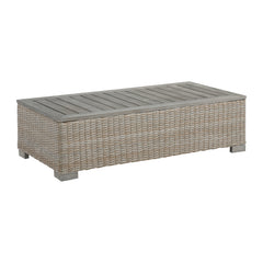 Ollie 4PC Patio Conversation Set in Tan and Olefin White Cream-Sofa, Chair, Rectangular Coffee Table & Cooler Box