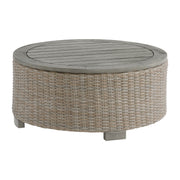 Ollie 4PC Patio Conversation Set in Tan and Olefin White Cream-Curved Loveseat, Two Console & Round Coffee Table