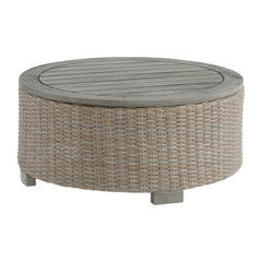 Ollie 4PC Patio Conversation Set in Tan and Olefin White Cream-Curved Loveseat, Two Console & Round Coffee Table