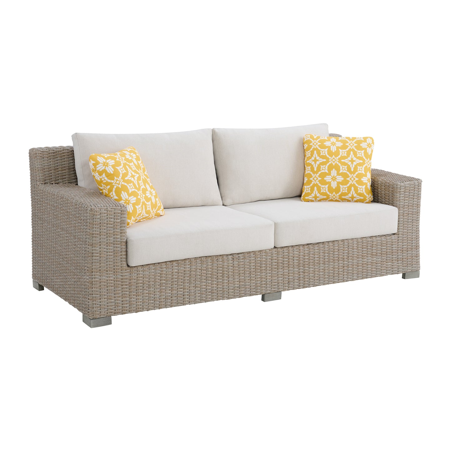 Ollie Sofa - Tan and Olefin White Cream with 2 Yellow Pillows