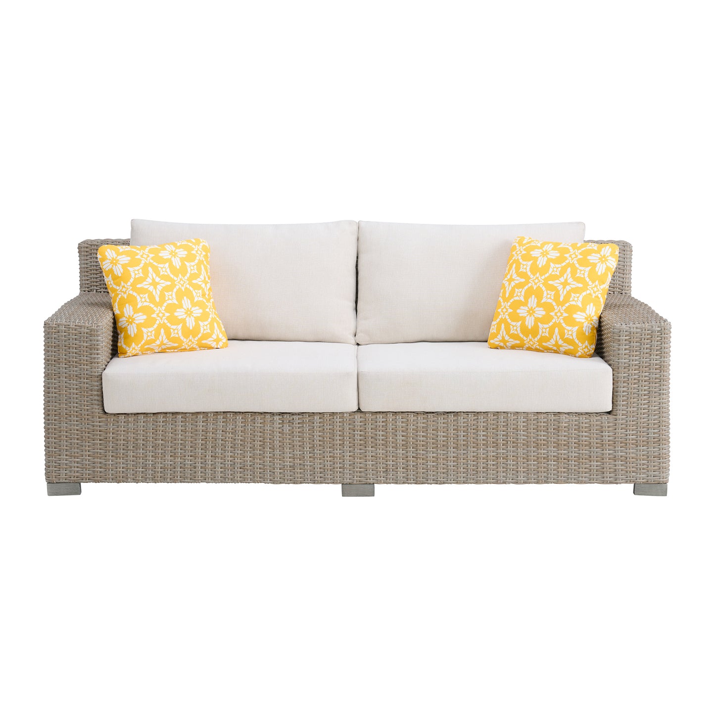 Ollie Sofa - Tan and Olefin White Cream with 2 Yellow Pillows